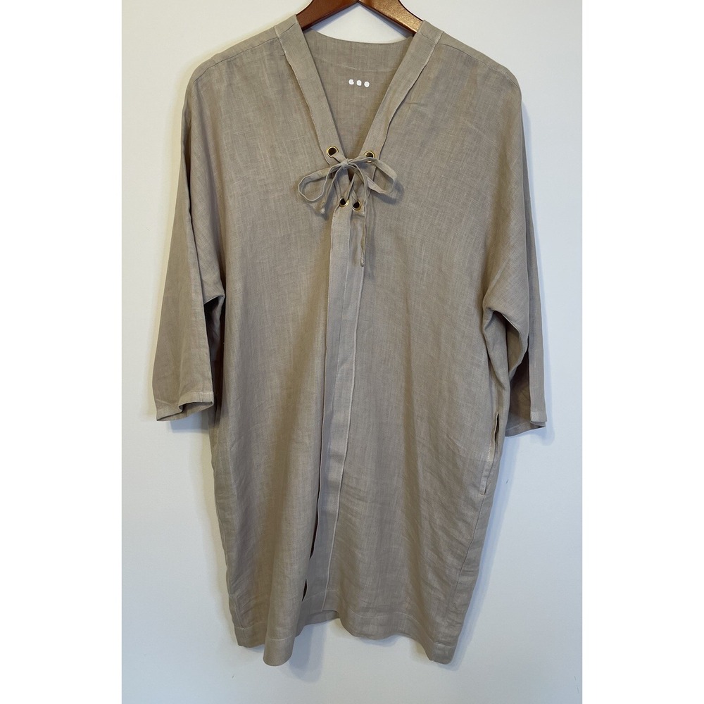 Three Dots 100% Linen Tunic Dress Lace Up Beige Oversized Lagenlook Coastal - Picture 2 of 8